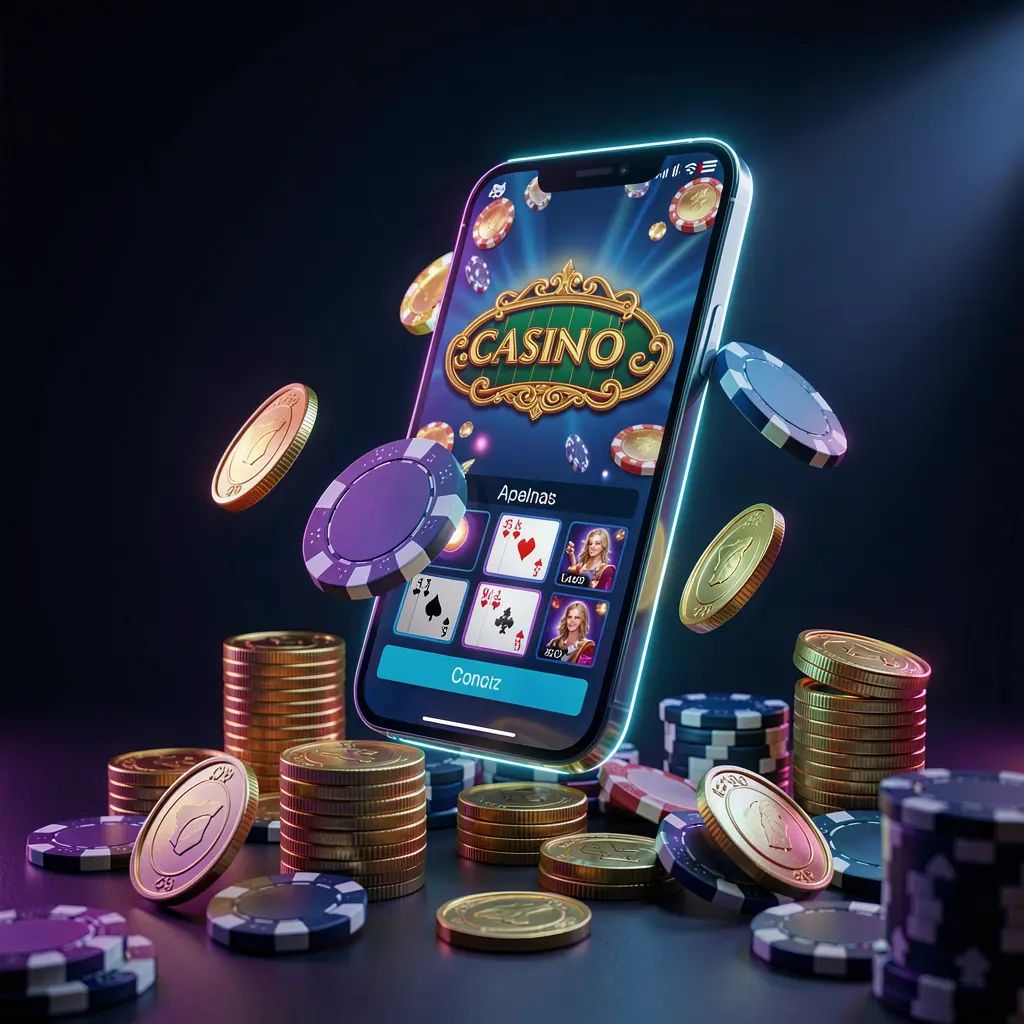 XX71 online casino app promotion banner showing a phone floating above golden coins and poker chips with a dark blue and black background and cinematic neon glow in a realistic 3D render