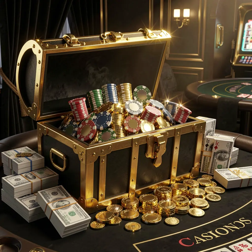 XX71 casino rewards scene featuring a golden treasure chest overflowing with chips, cash bundles, and sparkling coins in an elegant black and gold style with dramatic lighting