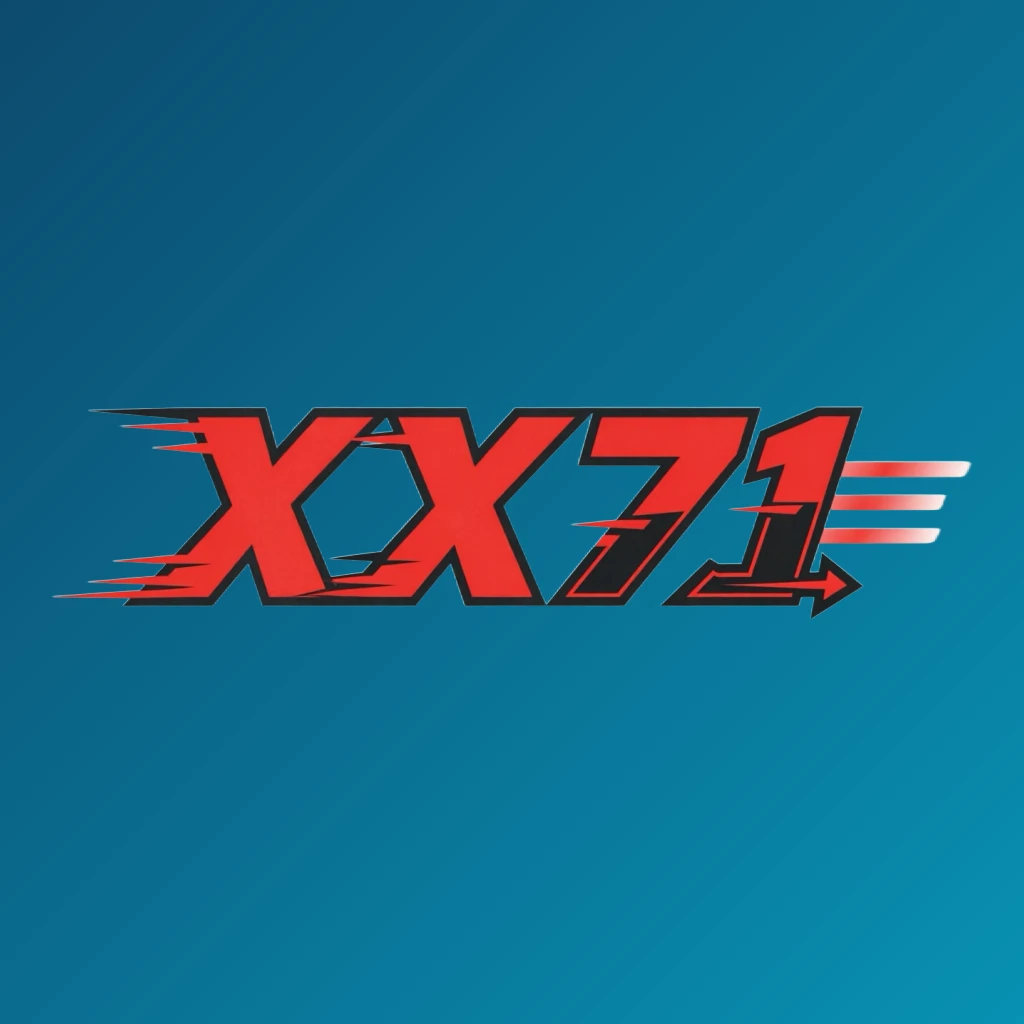 Dynamic sports-style logo for XX71 featuring sharp shapes and motion effect with bold, readable letters on a transparent background, designed as a wide horizontal rectangular wordmark for website headers