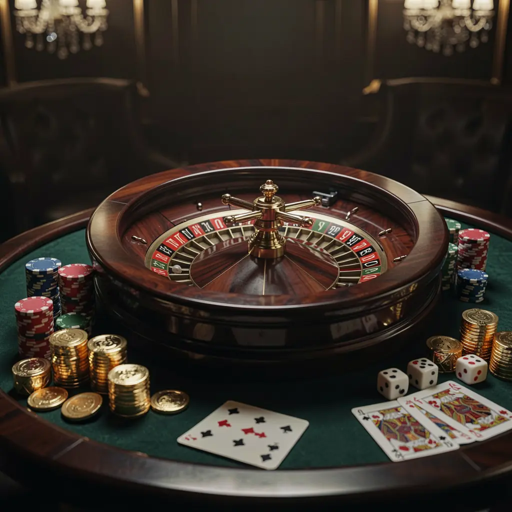 XX71 premium casino homepage scene featuring a roulette wheel spinning on a glossy table surrounded by poker chips, dice, cards, and golden coins against an elegant dark background with cinematic lighting
